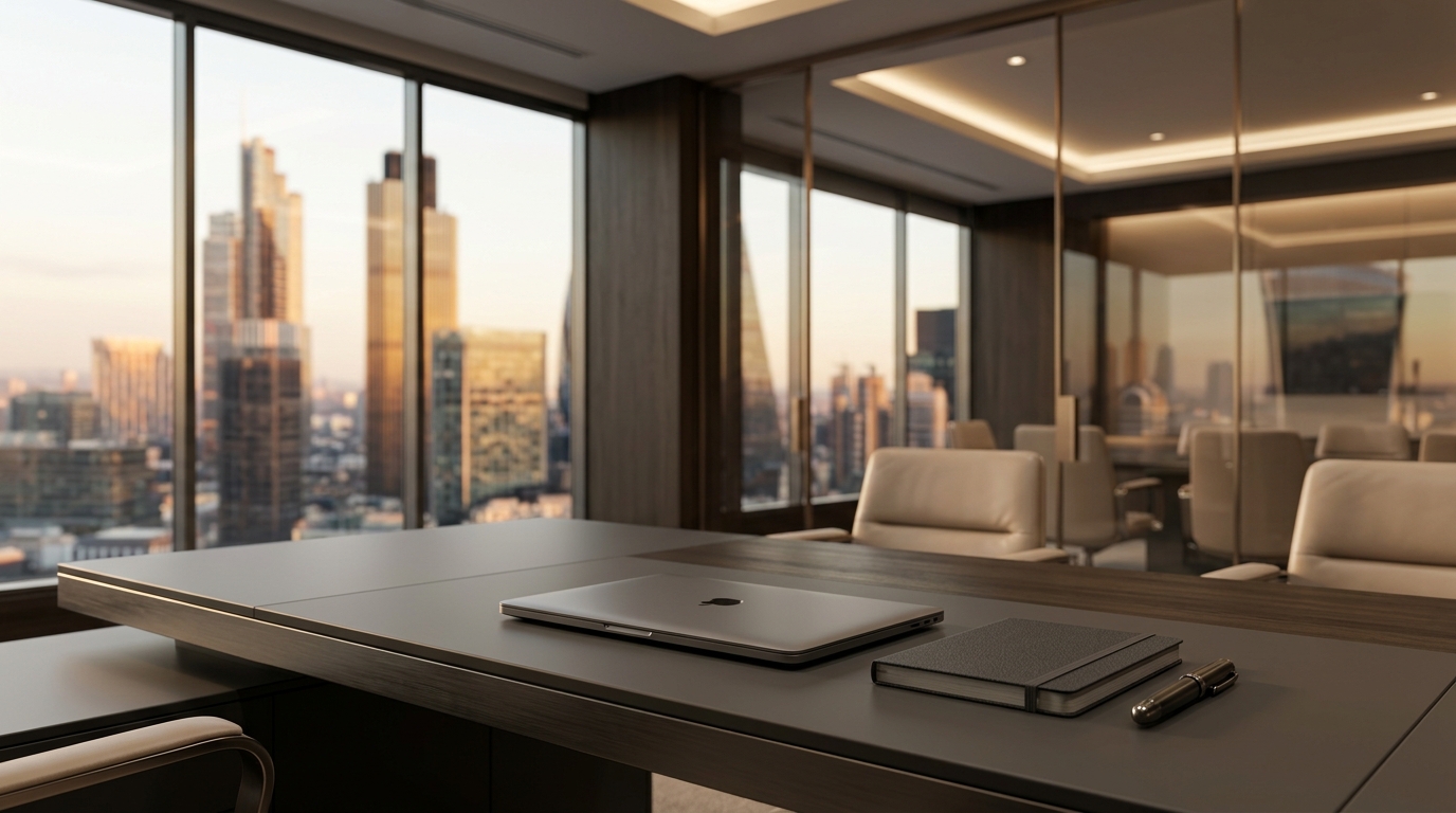City view boardroom with a premium desk and seating.