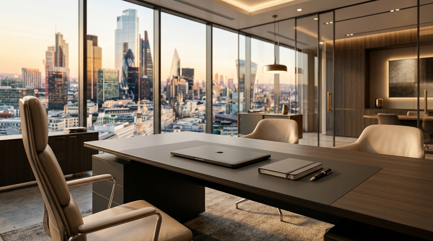 Skyline meeting room with refined furnishings and sunset light.